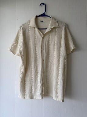 Relaxed Cream Short-Sleeve Knit Button-Down Shirt